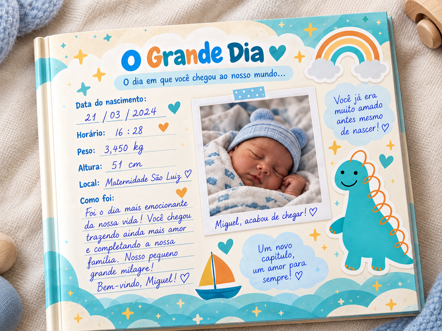 Página do livro versão Menino: O Grande Dia — o dia em que você chegou ao nosso mundo, com data, horário, peso, altura e foto do recém-nascido