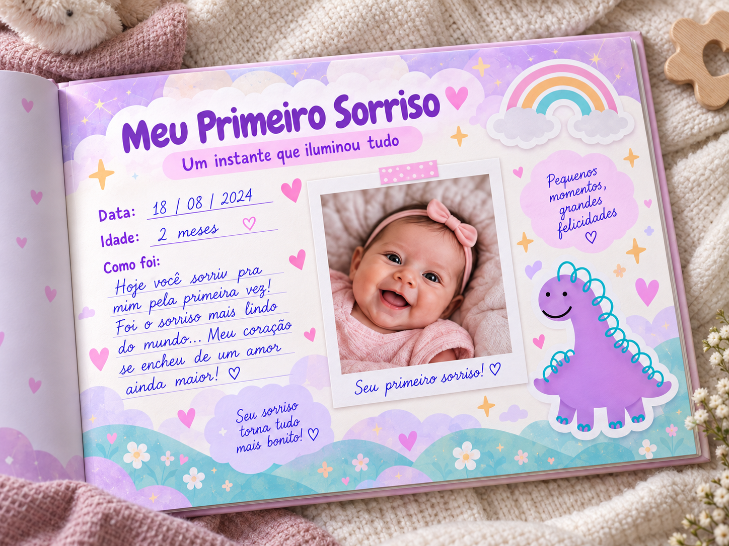 Página do livro versão Menina: Meu Primeiro Sorriso — um instante que iluminou tudo, com data, idade, como foi e foto do bebê sorrindo