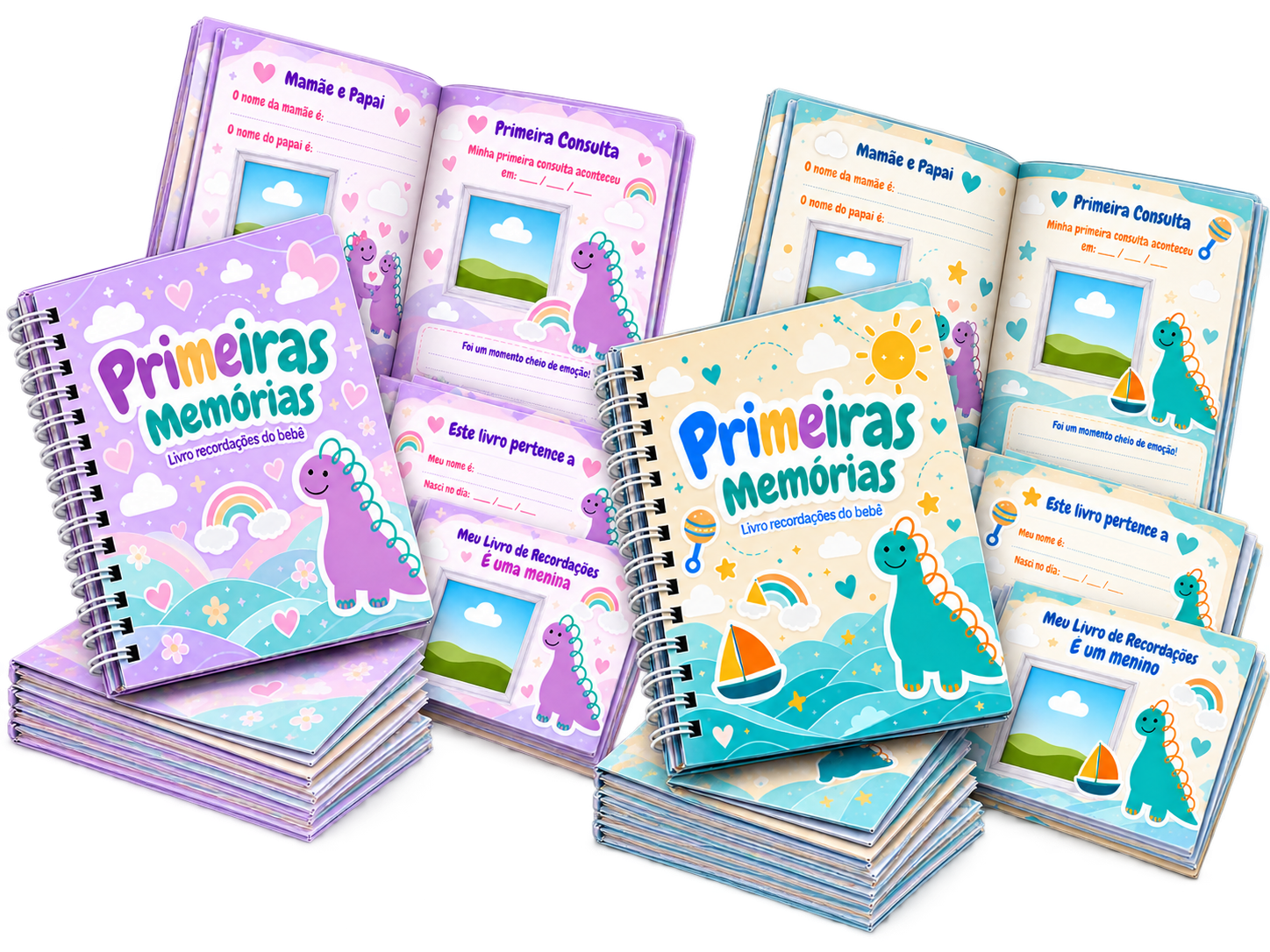 Mockup do kit Primeiras Memórias — versões menina e menino