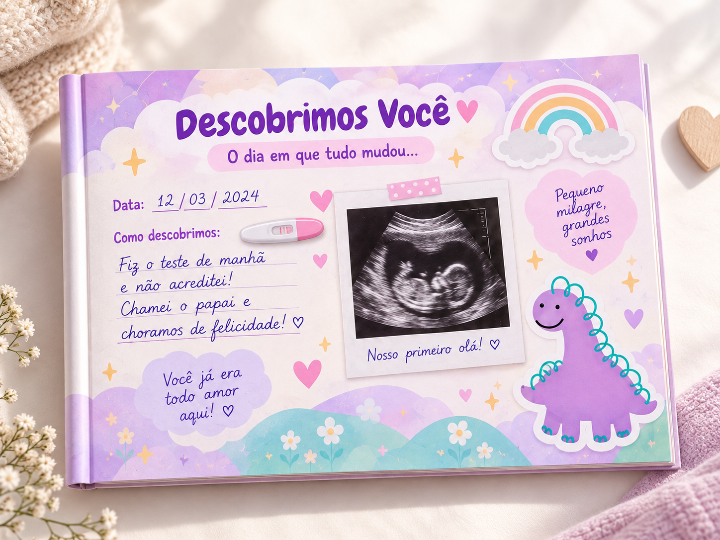 Página do livro: Descobrimos Você — o dia em que tudo mudou, com espaço para data, ultrassom e recado da família