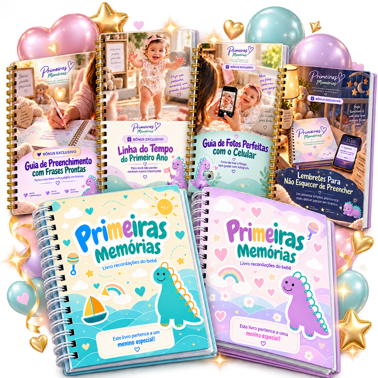 Mockup do Kit Primeiras Memórias completo com os 4 bônus exclusivos