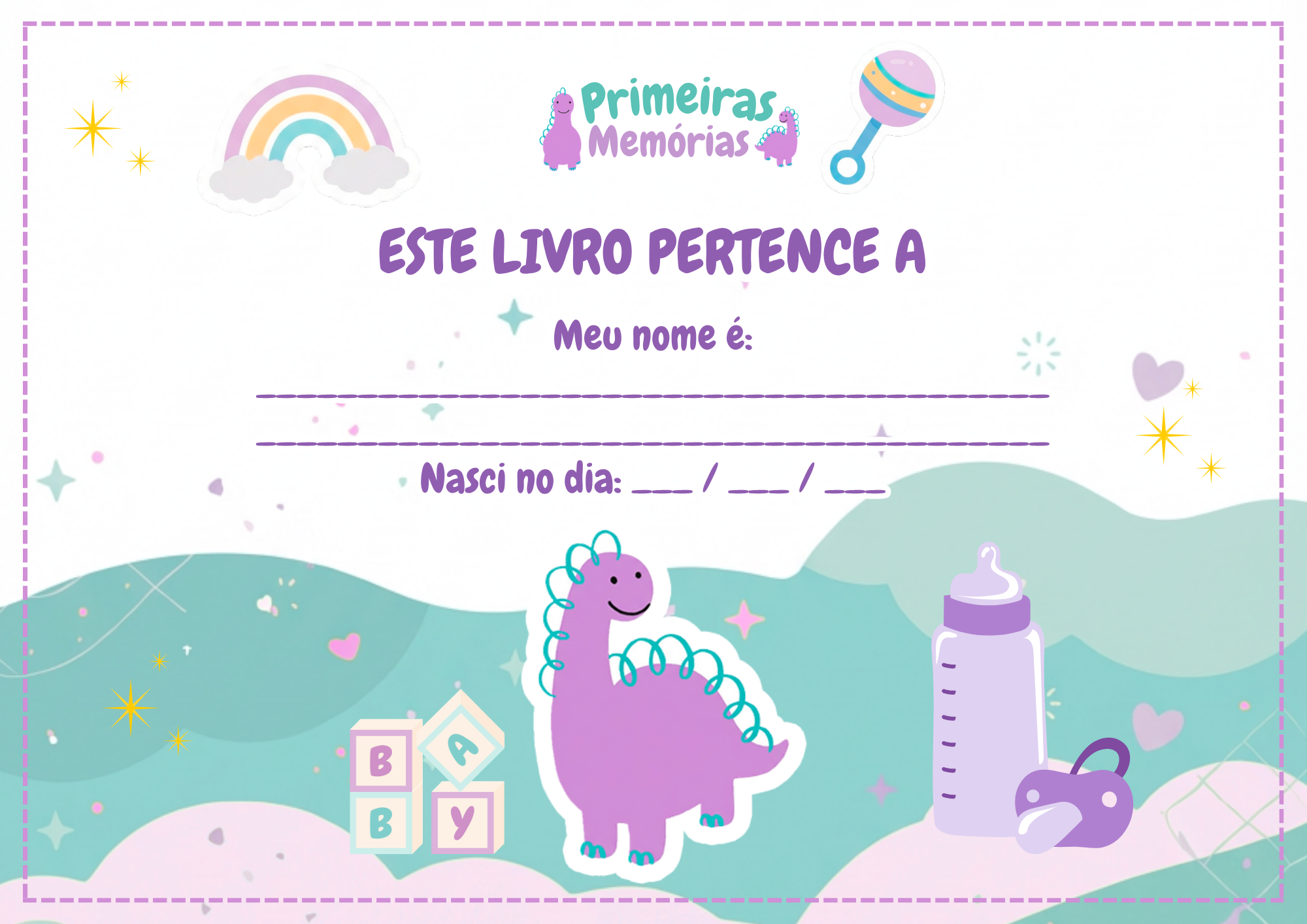 Página real do livro versão Menina: Este Livro Pertence A — meu nome é, data de nascimento e espaço para foto